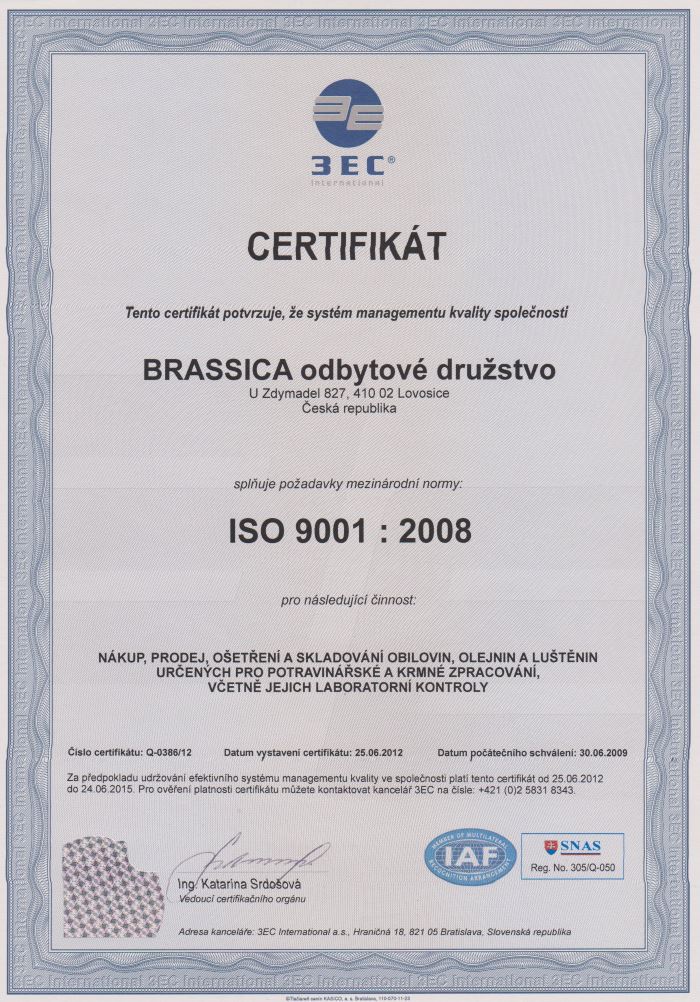 Certifikát Brassica ISO 9001