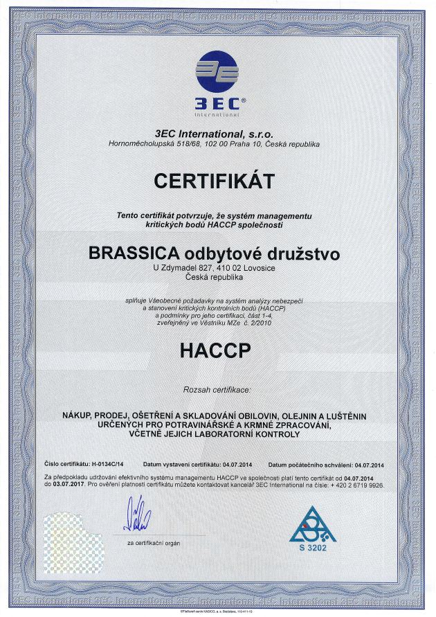 Certifikát Brassica HACCP